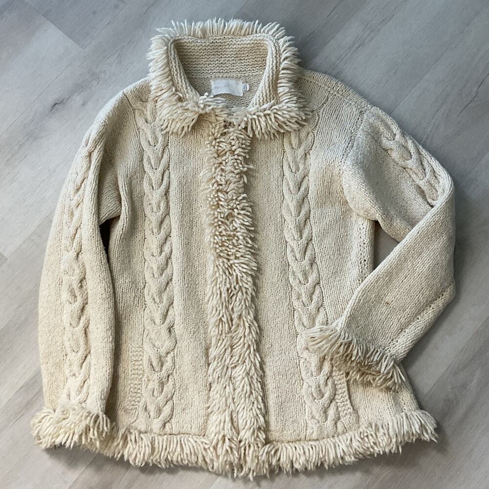 Vintage Amano Beige Wool Cable Knit Zipped Cardigan Sweater Womens Large